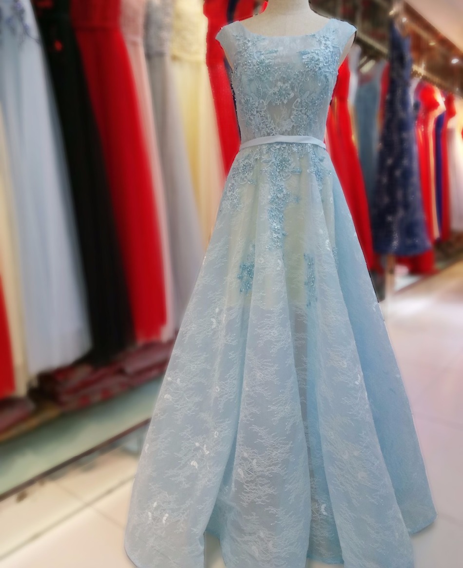 Laced Powder Blue Capsleeve Floorlength Satin Dress on Luulla