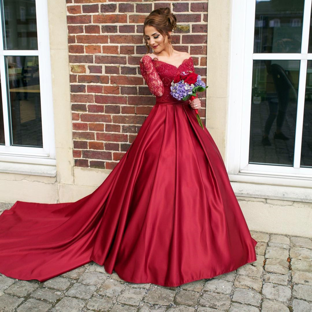 Wedding Burgundy Prom Dress burgundy prom dresses 2017long sleeves a line long dress dressappliqued satin formal women dresses