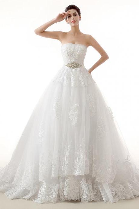 Simple Jewel Wedding Dresses Sleeveless Long Wedding Dress Lace Top Wedding Dress White Tulle 4758