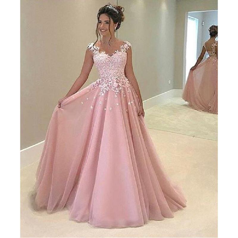 Pretty Pink Appliques Tulle Aline Long Prom Dress,Custom Made